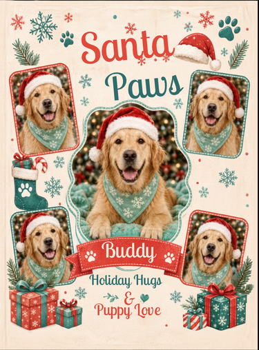 Full print artwork of the Santa Paws pet blanket, edge to edge, with snowflakes, paw prints, gifts and the custom pet name