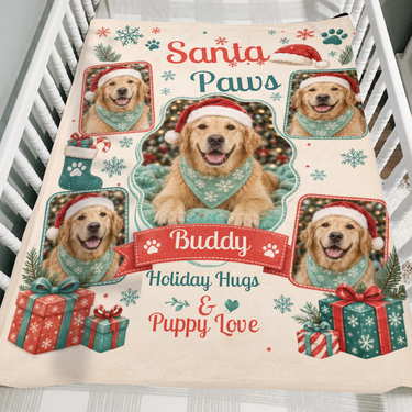 Five photo Santa Paws pet keepsake blanket in cream and red folded over the side of a wooden crib