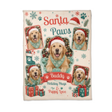 Flat lay of the Santa Paws pet blanket showing the scalloped centre frame, four tilted photo frames and the pet name on its red ribbon