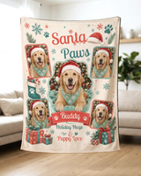 Santa Paws five photo pet blanket held up in a bright living room to show how the soft fleece drapes