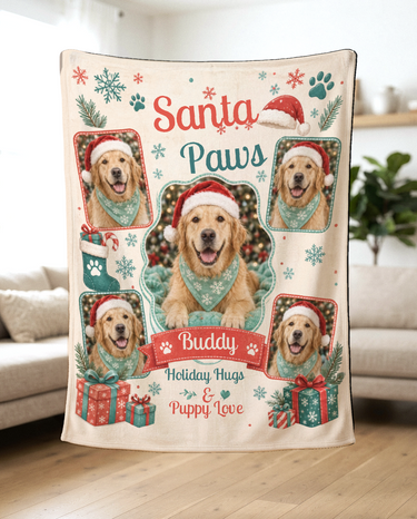 Santa Paws five photo pet blanket held up in a bright living room to show how the soft fleece drapes