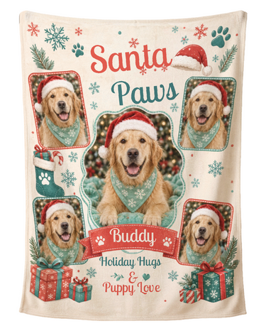 Personalized Santa Paws dog blanket in cream, red and teal, printed with five pet photos and the pet's name on a red ribbon, shown flat on a pure white background