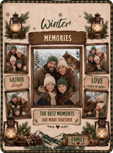 Full print artwork of the Winter Memories family blanket, edge to edge, with lanterns, snowflakes, pine branches and the custom words on wooden signs