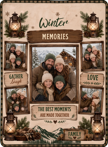 Full print artwork of the Winter Memories family blanket, edge to edge, with lanterns, snowflakes, pine branches and the custom words on wooden signs