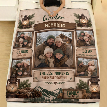 Personalized Winter Memories Christmas family blanket with lanterns, pine branches and a mountain range spread across a made bed with white linen