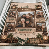 Five photo Winter Memories keepsake blanket in cream and green folded over the side of a wooden crib