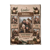 Flat lay of the Winter Memories family blanket showing the large centre photo frame, four tilted photo frames and the wooden signs with custom words
