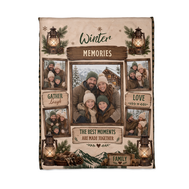 Flat lay of the Winter Memories family blanket showing the large centre photo frame, four tilted photo frames and the wooden signs with custom words
