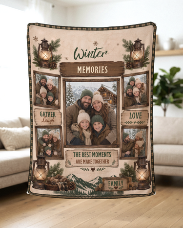 Winter Memories five photo family blanket held up in a bright living room to show how the soft fleece drapes