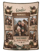 Personalized Winter Memories photo blanket in cream and forest green, printed with five family photos in rustic wood frames and four custom words, shown flat on a pure white background