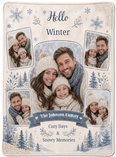 Full print artwork of the Hello Winter family blanket, edge to edge, with watercolour snowflakes, blue pine forest and the custom family name