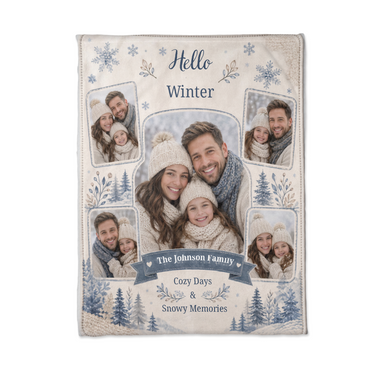 Flat lay of the Hello Winter family blanket showing the arched centre photo, four tilted photo frames and the curved family name on its navy ribbon