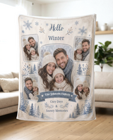 Hello Winter five photo family blanket held up in a bright living room to show how the soft fleece drapes