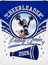 Full print artwork of the personalized cheerleader blanket, edge to edge, with the photo circle, custom name in script and year on the megaphone