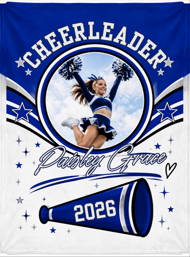 Full print artwork of the personalized cheerleader blanket, edge to edge, with the photo circle, custom name in script and year on the megaphone
