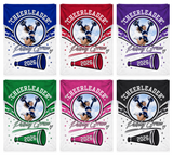 Personalized cheerleader photo blanket shown in six team colors: royal blue, scarlet red, royal purple, kelly green, hot pink and classic black