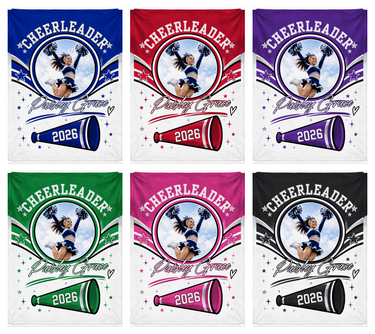 Personalized cheerleader photo blanket shown in six team colors: royal blue, scarlet red, royal purple, kelly green, hot pink and classic black