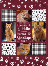 Full print artwork of the pet memorial photo blanket, edge to edge, with four photo squares, plaid and paw print patches and white paw print borders