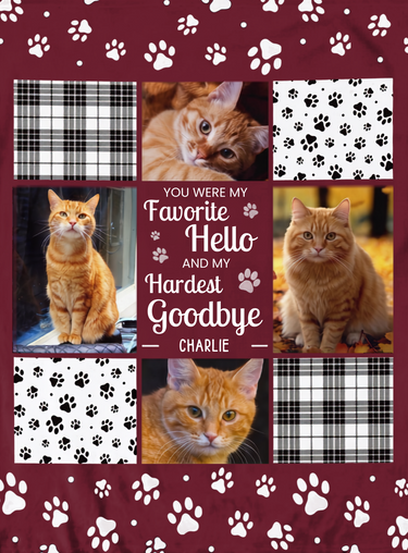 Full print artwork of the pet memorial photo blanket, edge to edge, with four photo squares, plaid and paw print patches and white paw print borders