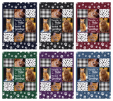 Pet memorial photo blanket shown in six background colors: midnight navy, classic black, burgundy, forest green, royal plum and slate blue, with a pet name under the quote