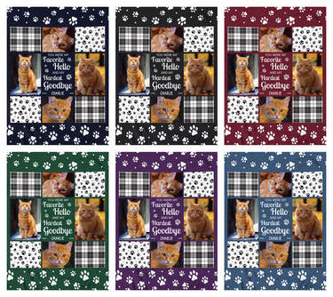 Pet memorial photo blanket shown in six background colors: midnight navy, classic black, burgundy, forest green, royal plum and slate blue, with a pet name under the quote