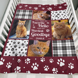 Burgundy pet memorial photo blanket with paw prints and the Favorite Hello Hardest Goodbye quote folded over the side of a wooden crib