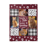 Flat lay of the personalized pet memorial blanket showing four photo squares around the Favorite Hello Hardest Goodbye quote and paw print rows