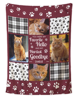 Personalized pet memorial photo blanket in deep burgundy with four cat photos, black and white plaid and paw print squares, and the words You were my Favorite Hello and my Hardest Goodbye, shown flat on a pure white background