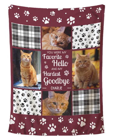 Personalized pet memorial photo blanket in deep burgundy with four cat photos, black and white plaid and paw print squares, and the words You were my Favorite Hello and my Hardest Goodbye, shown flat on a pure white background