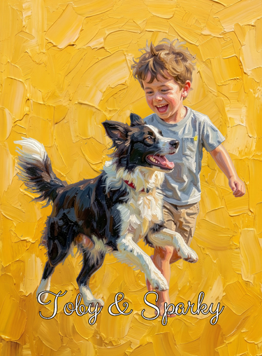 Full print artwork of the AI portrait blanket, edge to edge golden yellow oil paint with the painted child and border collie and the names in white script
