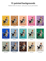15 painted background colours for the AI oil painting blanket shown side by side, from Sunflower Yellow and Caramel to Espresso Brown, Soft Sand and Ivory White, each with the same painted boy, border collie and name line