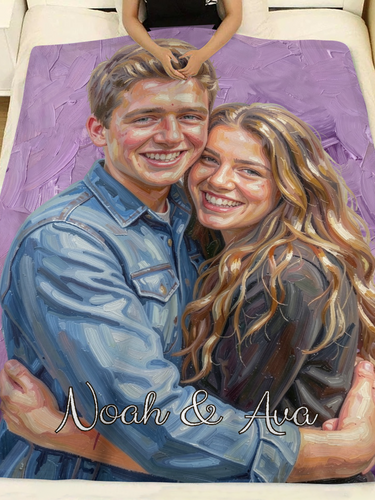 Personalized oil painting blanket spread across a bed, printed with a painted couple hugging on lavender brushstrokes and the names Noah & Ava in white script