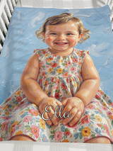 Custom painted portrait blanket folded over a wooden crib, showing an oil painting of a smiling toddler girl on sky blue brushstrokes with the name Ella