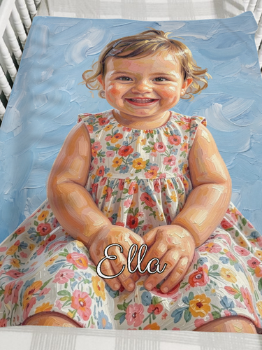 Custom painted portrait blanket folded over a wooden crib, showing an oil painting of a smiling toddler girl on sky blue brushstrokes with the name Ella