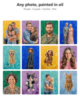 Twelve example designs of the AI oil painting blanket: families, couples, single portraits, cats and dogs, each on one of the painted background colours with a name in white script