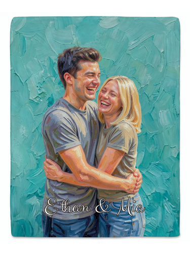 Full view of a personalised couple blanket printed with an oil painting of a laughing couple embracing on turquoise brushstrokes and the names Ethan & Mia