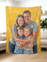 Hand held custom family portrait blanket in a bright living room, an oil painted family on sunflower yellow brushstrokes with The Millers in white script