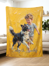 AI painted portrait blanket held up in a bright living room, showing the soft fleece drape and the golden yellow oil painting of a child and his dog
