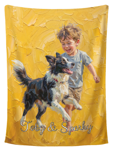 Personalized AI oil painting blanket on a pure white background, printed with a hand painted portrait of a boy running with his border collie on golden yellow brushstrokes, with their names in white script