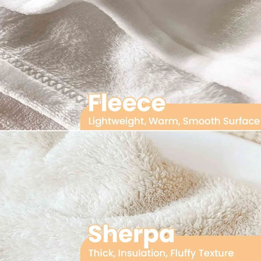 Close-up of the two blanket fabrics: lightweight, warm fleece with a smooth surface and a stitched hem, and thick, insulating sherpa with a fluffy texture