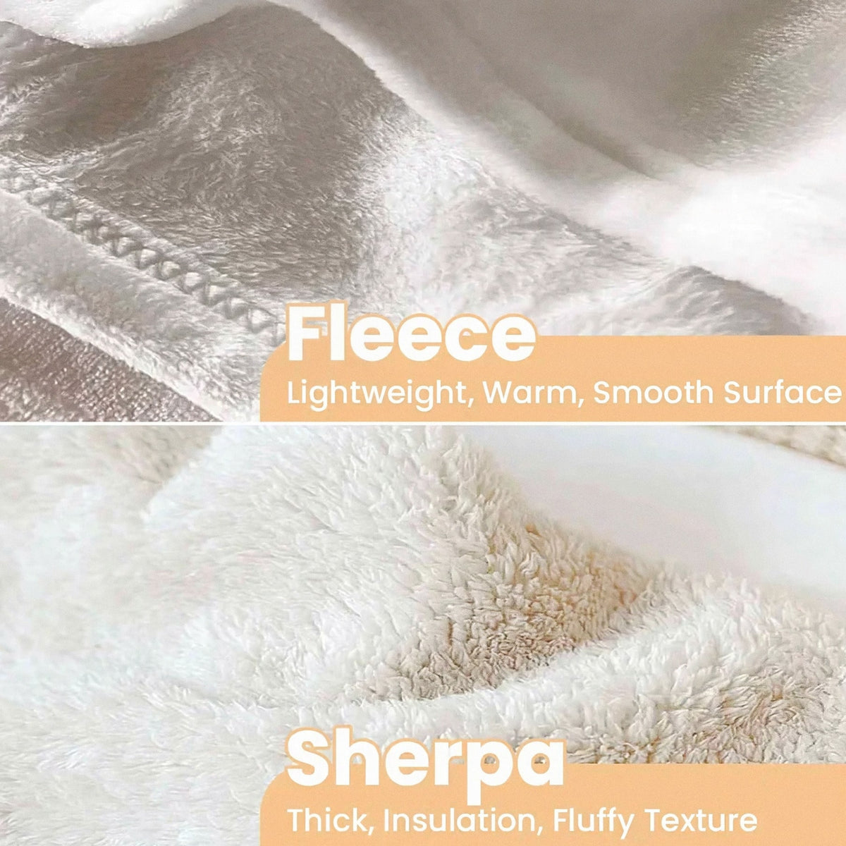 Close-up of the two blanket fabrics: lightweight, warm fleece with a smooth surface, and thick, insulating sherpa with a fluffy texture