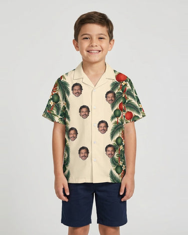 Lantern Palm Border Christmas Hawaiian Shirt with printed faces, worn by a child