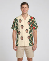 Lantern Palm Border Christmas Hawaiian Shirt with printed faces, worn by a man