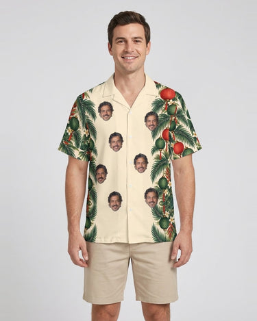 Lantern Palm Border Christmas Hawaiian Shirt with printed faces, worn by a man