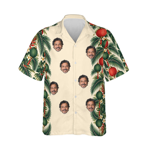 Lantern Palm Border personalized Christmas Hawaiian shirt printed with customer faces, front view