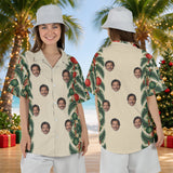 Lantern Palm Border personalized Christmas Hawaiian shirt with faces worn by a woman, front and back