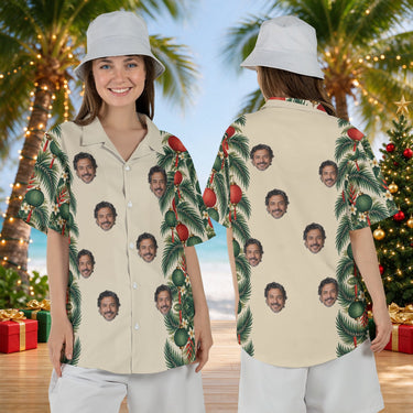Lantern Palm Border personalized Christmas Hawaiian shirt with faces worn by a woman, front and back
