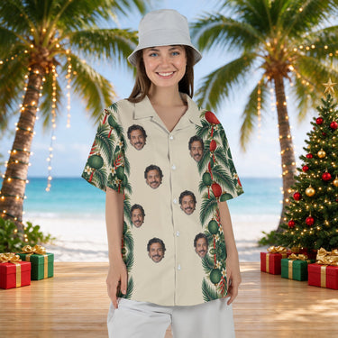 Lantern Palm Border Christmas Hawaiian shirt with printed faces worn by a woman, front view