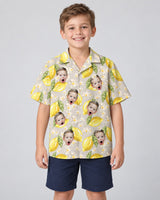 Lemon Grove Vibes Hawaiian shirt with printed faces, worn by a child