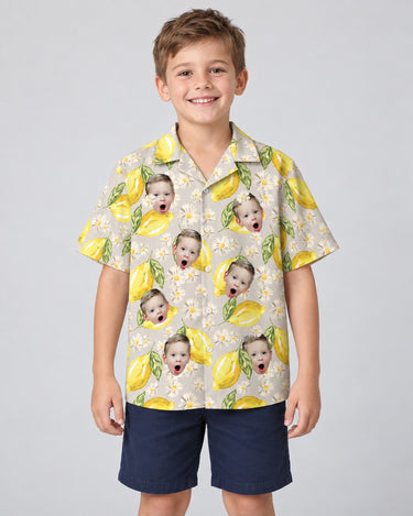 Lemon Grove Vibes Hawaiian shirt with printed faces, worn by a child